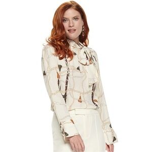 NINE WEST Silk-Blend Mockneck Blouse Leather & Chain Equestrian Pattern NWT Lg